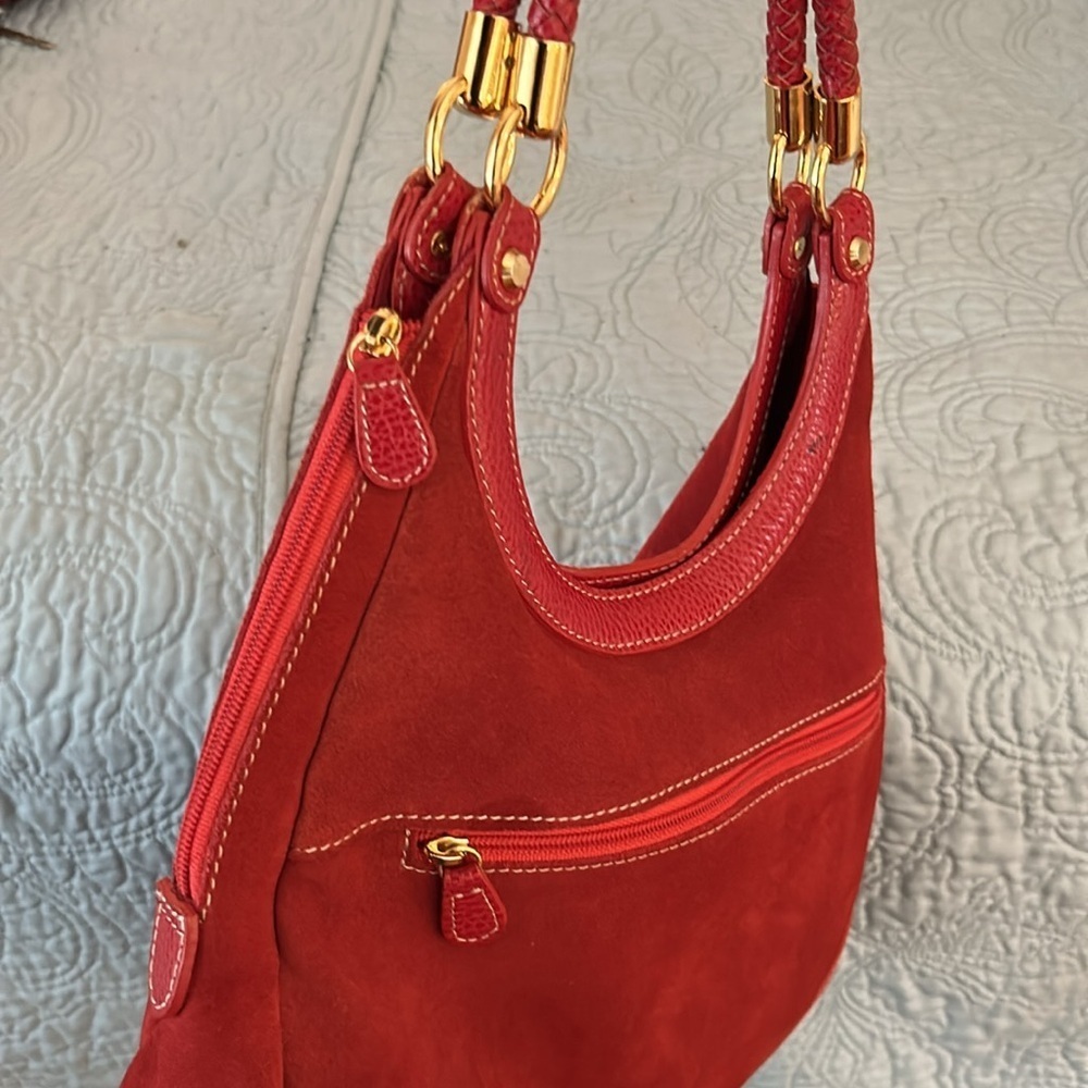J. McLaughlin Red Suede Bag Leather Braided Handles RARE All Red - Picture 8 of 16